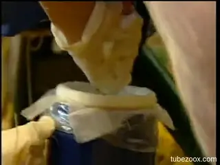 Blond-haired babe shows how to milk the animals